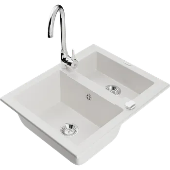 Granitový dřez Mexen Carlos granitový dřez 1,5-komorový s kuchyňskou baterií Telma, bílý - 6518-20-670200-00 Granitové dřezy s baterií