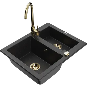 Granitový dřez Mexen Carlos granitový dřez 1,5-komorový s kuchyňskou baterií Telma, černý/stříbrný metalík - 6518-73-670200-50 Granitové dřezy s baterií