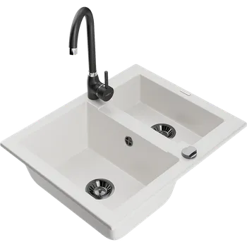 Granitový dřez Mexen Carlos granitový dřez 1,5-komorový s kuchyňskou baterií Telma, bílá - 6518-20-670200-70 Granitové dřezy s baterií