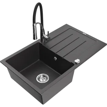 Granitový dřez Mexen Bruno granitový kuchyňský dřez 1-komorový s odkapávačem a kuchyňskou baterií Aster, černý s tečkami - 6513-76-73450-07 Granitové dřezy s baterií