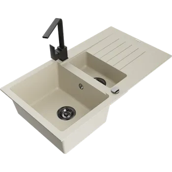 Granitový dřez Mexen Matias granitový dřez 1,5-komorový s odkapávačem a kuchyňskou baterií Rita, béžový - 6502-69-670300-70 Granitové dřezy s baterií