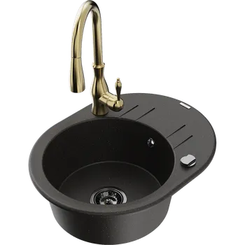 Granitový dřez Mexen Kevin granitový dřez 1-komorový s odkapávačem a kuchyňskou baterií Savita, černý/zlatý metalík - 6517-75-672601-50-B Granitové dřezy s baterií