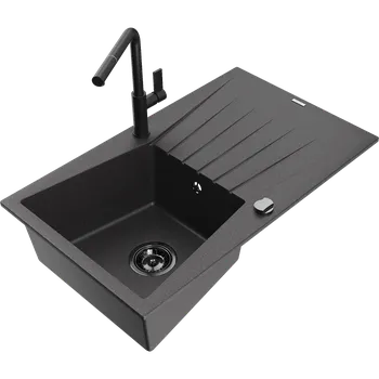Granitový dřez Mexen Cesar granitový jednodřez s odkapávačem a kuchyňskou baterií Flora, černý skvrnitý - 6514-76-670401-70-B Granitové dřezy s baterií