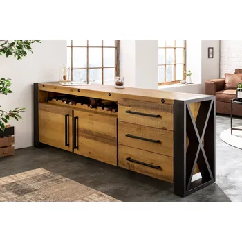 Organizace kuchyně Industriální příborník s vinotékou z masivu s černým ocelovým rámem Adin 195cm