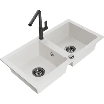 Granitový dřez Mexen Mario dřez z granitu 2-komorový s kuchyňskou baterií Flora, bílý - 6504-20-670401-70-B Granitové dřezy s baterií