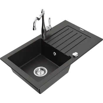 Granitový dřez Mexen Pablo granitový dřez 1-komorový s odkapávačem a kuchyňskou baterií Carla, černý/zlatý metalik - 6510-75-670700-00 Granitové dřezy s baterií