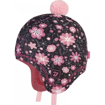 Čepice DRÁČE Čepice zimní Laponka Polarka 39 antracitová s růžovou s květy funkční teplá krytím uší velikost čepic: 46-48cm