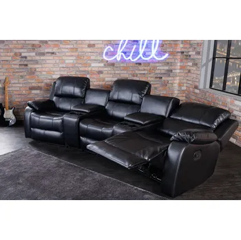 Sklenice Luxusní moderní kinosedačka Phoenix s držákem na sklenice a úložným prostorem z ekokůže, třímístná černá 295 cm