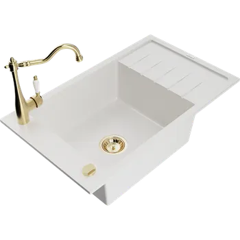 Granitový dřez Mexen Elias granitový dřez 1-komorový s odkapávačem a kuchyňskou baterií Carla, bílý - 6511-20-670700-50 Granitové dřezy s baterií