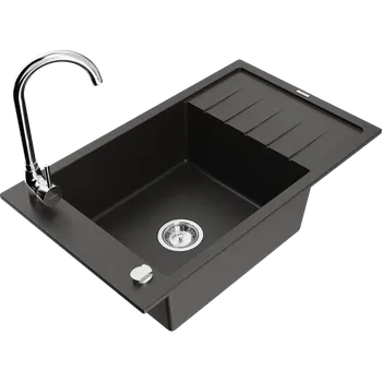 Granitový dřez Mexen Elias granitový dřez 1-komorový s odkapávačem a kuchyňskou baterií Telma, černý/zlatý - 6511-75-670200-00 Granitové dřezy s baterií