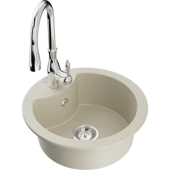 Granitový dřez Mexen Diego granitový dřez 1-komorový s kuchyňskou baterií Savita, béžový - 6512-69-672601-00 Granitové dřezy s baterií