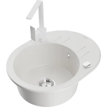 Granitový dřez Mexen Kevin granitový dřez 1-komorový s odkapávačem a kuchyňskou baterií Rita, bílý - 6517-20-670300-20 Granitové dřezy s baterií