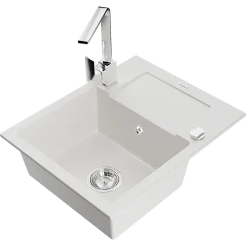 Granitový dřez Mexen Enzo granitový kuchyňský dřez 1-komorový s odkapávačem a kuchyňskou baterií Rita, bílý - 6506-20-670300-00 Granitové dřezy s baterií