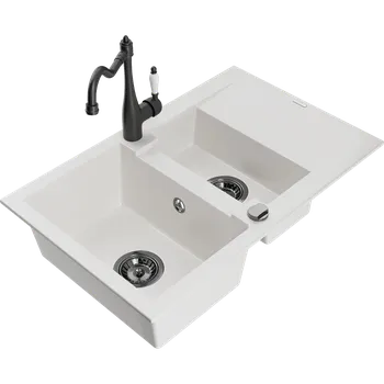 Granitový dřez Mexen Gaspar granitový dřez 1,5-dřezový s odkapávačem a kuchyňskou baterií Carla, bílý - 6507-20-670700-70 Granitové dřezy s baterií