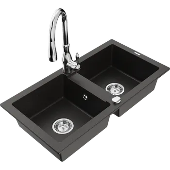Granitový dřez Mexen Mario žulový dřez, dvoukomorový s kuchyňskou baterií Savita, černý/zlatý metalický - 6504-75-672601-00 Granitové dřezy s baterií