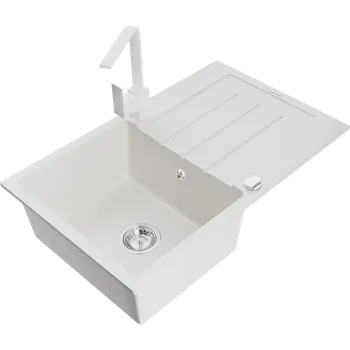 Granitový dřez Mexen Bruno granitový dřez s jednou komorou, odkapávačem a kuchyňskou baterií Rita, bílý - 6513-20-670300-20 Granitové dřezy s baterií