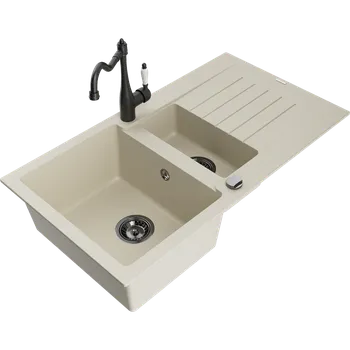 Granitový dřez Mexen Matias granitový dřez 1,5-komorový s odkapávačem a kuchyňskou baterií Carla, béžový - 6502-69-670700-70 Granitové dřezy s baterií