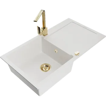 Granitový dřez Mexen Leo granitový dřez 1-komorový s odkapávačem a kuchyňskou baterií Rita, bílý - 6501-20-670300-50 Granitové dřezy s baterií