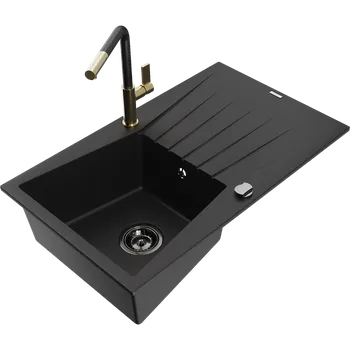 Granitový dřez Mexen Cesar granitový dřez 1-komorový s odkapávačem a kuchyňskou baterií Flora, černý - 6514-77-670401-57-B Granitové dřezy s baterií