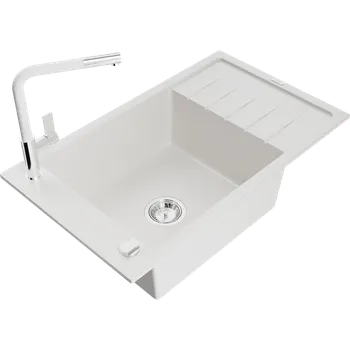 Granitový dřez Mexen Elias dřez granitový 1-komorový s odkapávačem a kuchyňskou baterií Flora, bílý - 6511-20-670401-02 Granitové dřezy s baterií