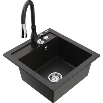 Granitový dřez Mexen Vito granitový dřez 1-komorový s kuchyňskou baterií Savita, černý/zlatý metalický - 6503-75-672601-70 Granitové dřezy s baterií
