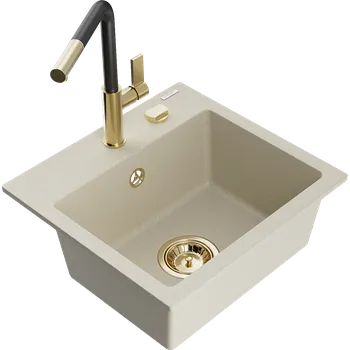 Granitový dřez Mexen Milo granitový dřez 1-komorový s kuchyňskou baterií Flora, béžový - 6505-69-670401-57-G Granitové dřezy s baterií