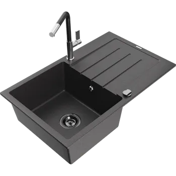 Granitový dřez Mexen Bruno granitový dřez s odkapávačem a kuchyňskou baterií Flora, černý tečkovaný - 6513-76-670401-07-B Granitové dřezy s baterií
