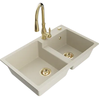 Granitový dřez Mexen Tomas granitový dřez 2-komorový s kuchyňskou baterií Savita, béžový - 6516-69-672601-50 Granitové dřezy s baterií