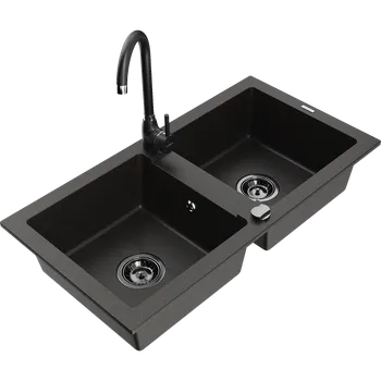 Granitový dřez Mexen Mario dvoudřezový žulový dřez s kuchyňskou baterií Telma, černý/zlatý - 6504-75-670200-70-B Granitové dřezy s baterií