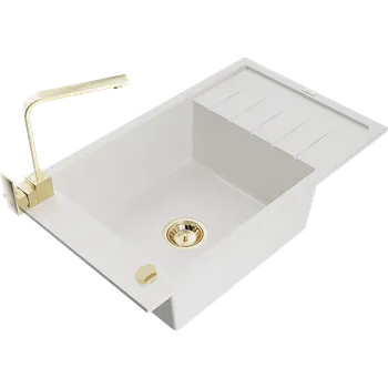 Granitový dřez Mexen Elias granitový dřez s jednou komorou s odkapávačem a kuchyňskou baterií Rita, bílý - 6511-20-670300-50 Granitové dřezy s baterií