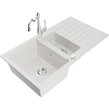 Granitový dřez Mexen Matias granitový dřez 1,5-komorovy s odkapávací plochou a kuchyňskou baterií Carla, bílý - 6502-20-670700-00 Granitové dřezy s baterií