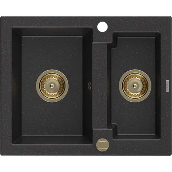 Granitový dřez Mexen Carlos granitový dřez 1,5-komorový 582 x 475 mm, černý/stříbrný metalik, zlatý sifon - 6518581500-73-G Granitové dřezy