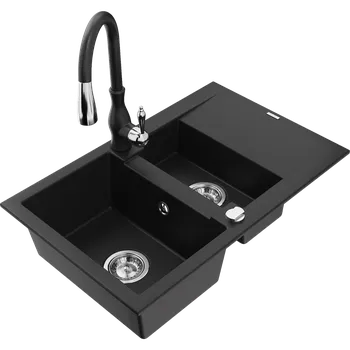 Kuchyňský dřez Mexen Gaspar granitový dřez 1,5-komorový s odkapávačem a kuchyňskou baterií Savita, černý - 6507-77-672601-70 Granitové dřezy s baterií