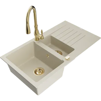 Granitový dřez Mexen Matias granitový dřez 1,5-komorový s odkapávačem a kuchyňskou baterií Savita, béžový - 6502-69-672601-50 Granitové dřezy s baterií