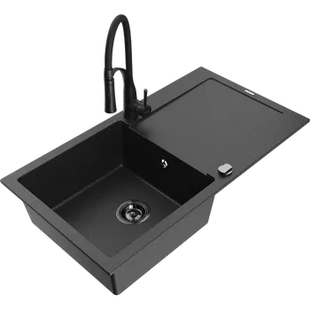Granitový dřez Mexen Leo granitový dřez 1-komorový s odkapávačem a kuchyňskou baterií Aster, černý/stříbrný metalik - 6501-73-73450-70-B Granitové dřezy s baterií