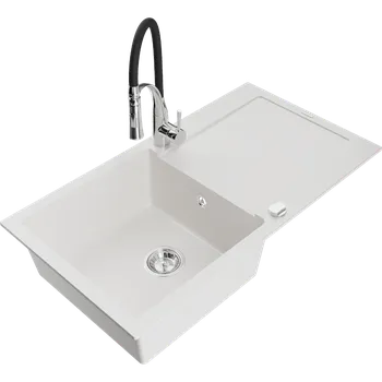 Granitový dřez Mexen Leo granitový dřez s 1 komorou, odkapávačem a kuchyňskou baterií Aster, bílý - 6501-20-73450-07 Granitové dřezy s baterií