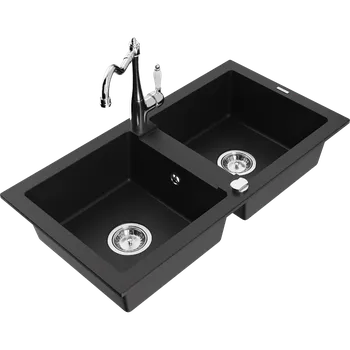 Granitový dřez Mexen Mario dvoukomorový žulový dřez s kuchyňskou baterií Carla, černý - 6504-77-670700-00 Granitové dřezy s baterií