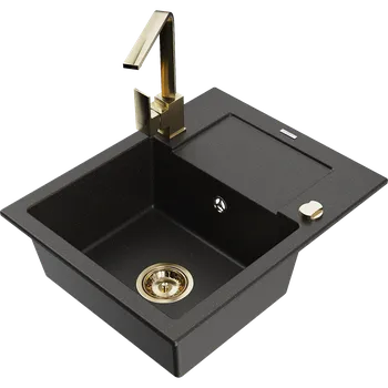 Granitový dřez Mexen Enzo granitový dřez 1-komorový s odkapávačem a kuchyňskou baterií Rita, černý/zlatý metalik - 6506-75-670300-50 Granitové dřezy s baterií