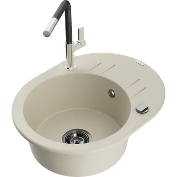 Granitový dřez Mexen Kevin granitový dřez 1-komorový s odkapávačem a kuchyňskou baterií Flora, béžový - 6517-69-670401-07-B Granitové dřezy s baterií