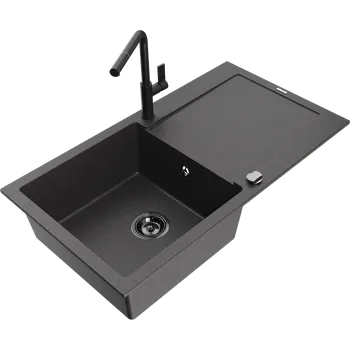 Granitový dřez Mexen Leo granitový dřez 1-komorový s odkapávačem a kuchyňskou baterií Flora, černý s tečkami - 6501-76-670401-70-B Granitové dřezy s baterií