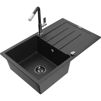 Granitový dřez Mexen Bruno granitový dřez s odkapávačem a kuchyňská baterie Flora, černá/stříbrný metalík - 6513-73-670401-07-B Granitové dřezy s baterií