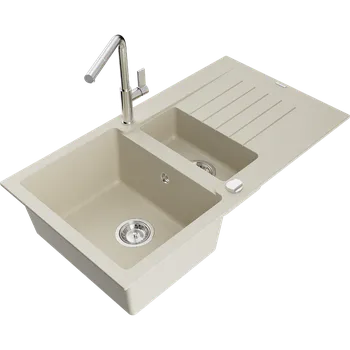 Granitový dřez Mexen Matias granitový dřez 1,5-komorový s odkapávačem a kuchyňskou baterií Flora, béžový - 6502-69-670401-00 Granitové dřezy s baterií