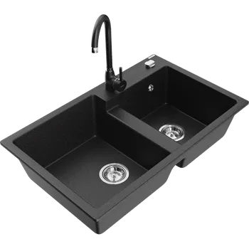 Granitový dřez Mexen Tomas dřez granitový 2-komorový s kuchyňskou baterií Telma, černý/stříbrný metalik - 6516-73-670200-70 Granitové dřezy s baterií