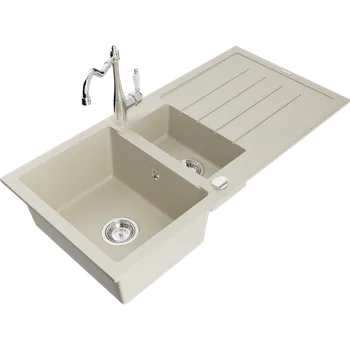 Granitový dřez Mexen Andres žulový dřez 1,5-komorový s odkapávačem a kuchyňskou baterií Carla, béžový - 6515-69-670700-00 Granitové dřezy s baterií