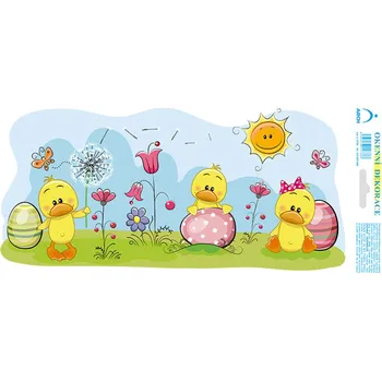 Samolepící dekorace Arch Velikonoční samolepka, okenní fólie bez lepidla Kačenky v kvítí 35 x 16 cm