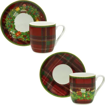 Sada 2 hrnků s podšálkami na presso 100 ml REGALOMAGIA BRANDANI (barva - porcelán, bílá/červená/zelená)