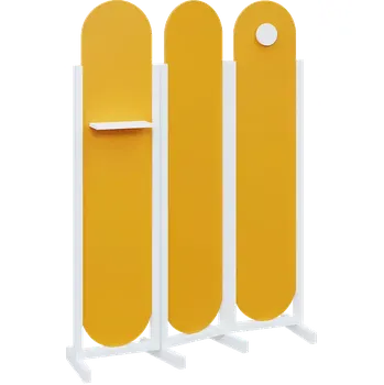 Paraván ATMOSFERE ROUND 419, dřevěný 3-dílný paraván, mobilní, výška 1900 mm, rám bílá, výplň žlutá odio, polička, věšák