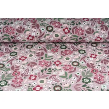 Galanterie Úplet jednolíc, kvítka na růžovém podkladu, tričkovina, látky, metráž