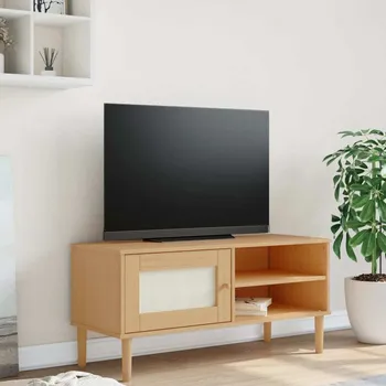 Televizní stolek vidaXL TV skříňka SENJA ratanový vzhled 106 x 40 x 49 cm borovice [358040] Barva: Hnědá
