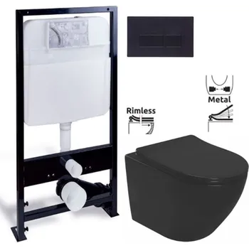 Klozet PRIM předstěnový instalační systém s černým tlačítkem 20/0044 + WC REA CARLO MINI RIMLESS ČERNÝ MAT + SEDÁTKO PRIM_20/0026 44 MM1